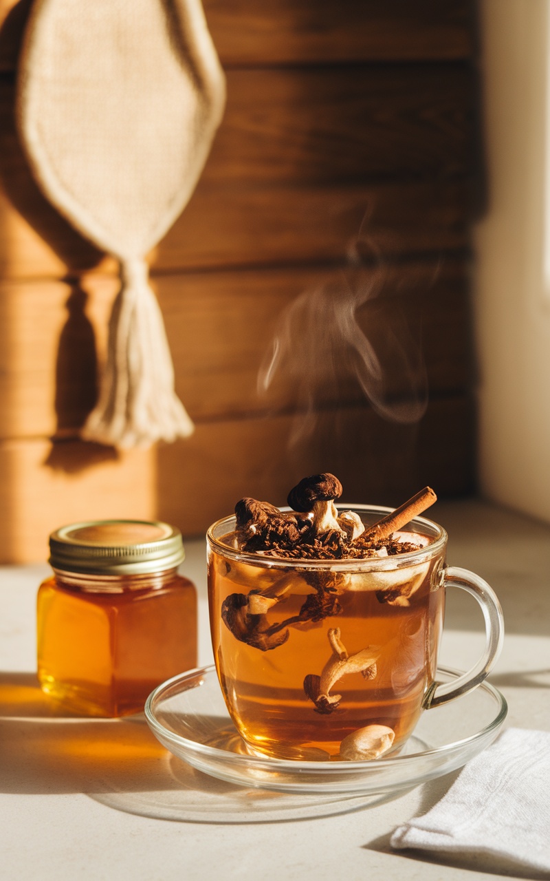 A cup of warm mushroom tea with dried mushrooms and honey on a wooden table.